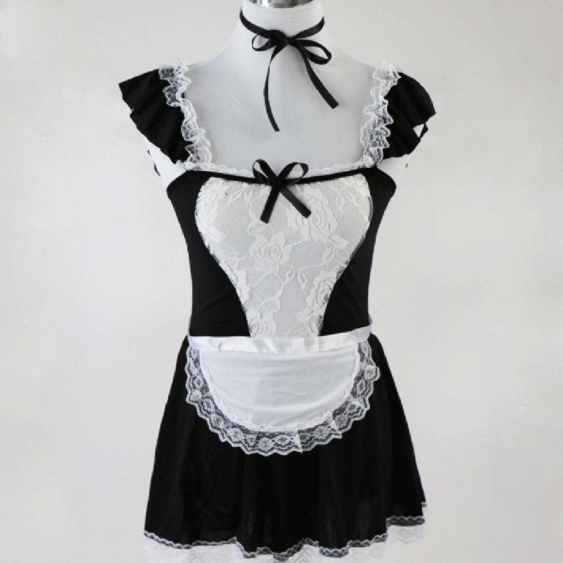 Klv Maid Uniform Cosplay Costumes Hot Lingerie Sexy Lace Chemise Erotic